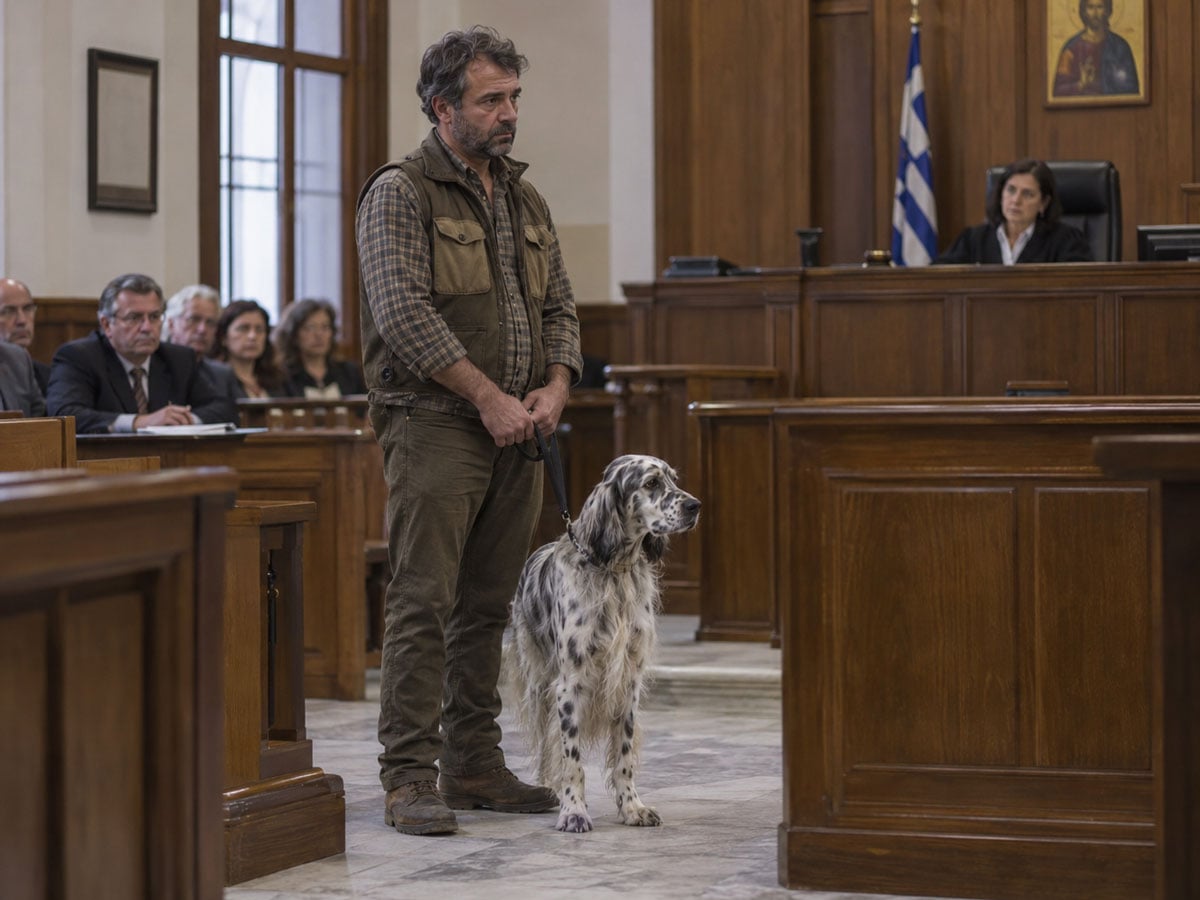Κυνηγός με αγγλικό σέττερ σε αίθουσα δικαστηρίου, συμβολική εικόνα για τη νομική προστασία κυνηγών